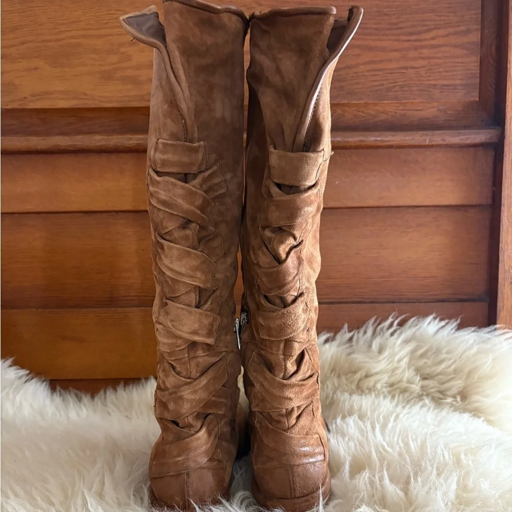 NWOT A.S. 98 Brown Suede Braided Knee High Boots
